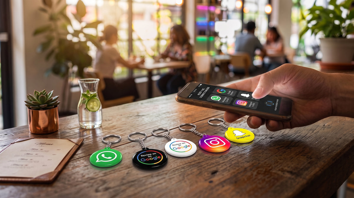 A hand holds a smartphone over a rustic wooden table in a cafe setting, with several colorful round keychain tags lying in front. The keychains display social media-style icons and names, including WhatsApp, Instagram, and Snapchat.
